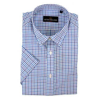 Peter England Blue Tattersall Check Short Sleeve Cotton Shirt