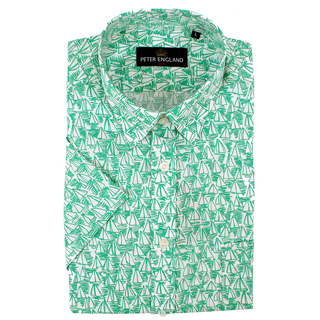 Peter England Jade Green Sailing Print Short Sleeve Cotton Shirt