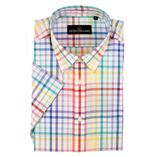 Peter England Multicoloured Tattersall Check Short Sleeve Cotton Shirt