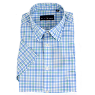 Peter England Light Blue Mini Check Short Sleeve Cotton Shirt